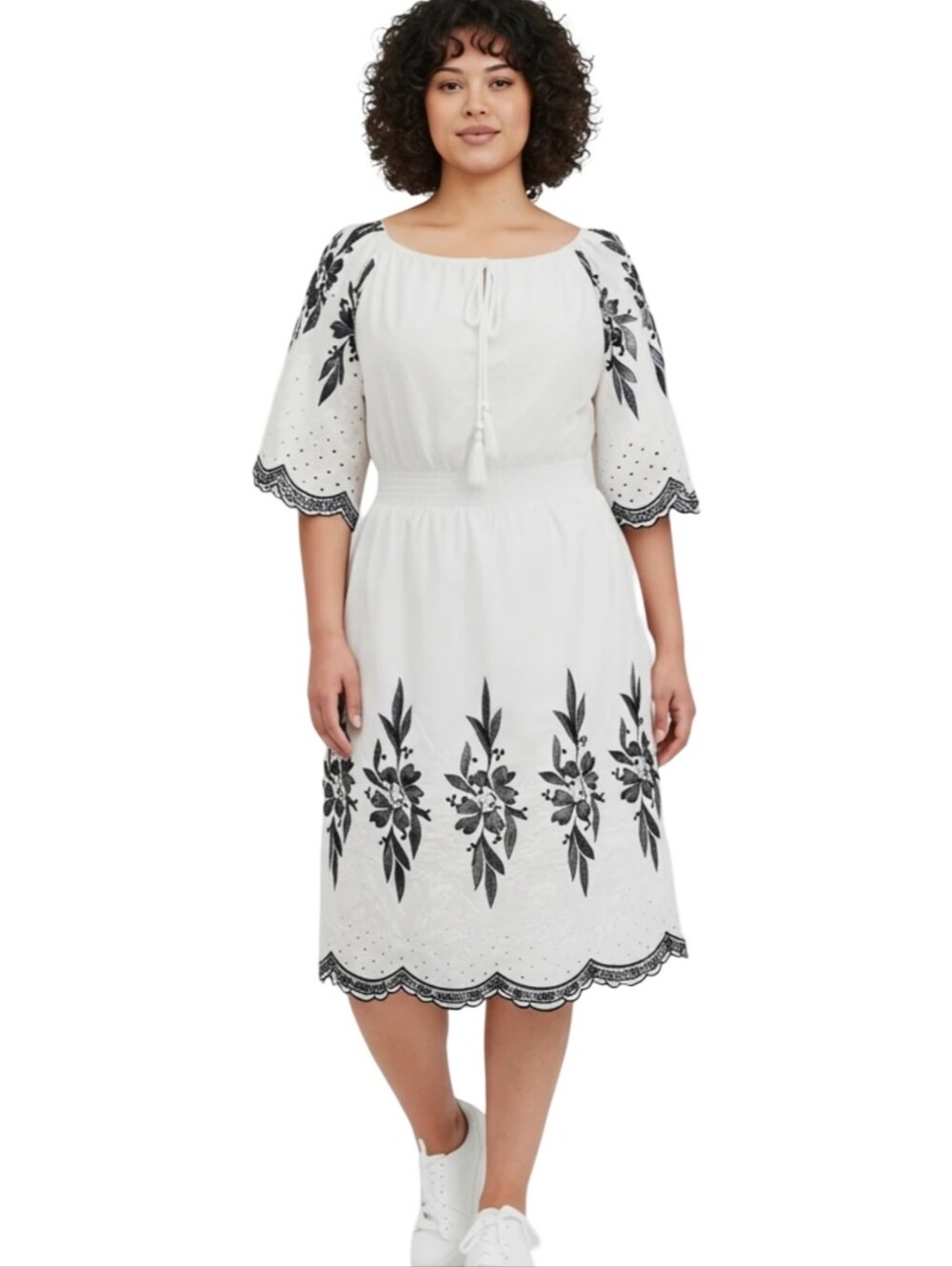 Anthropologie KINDRED white navy embroidered floral lace peasant boho dress Plus